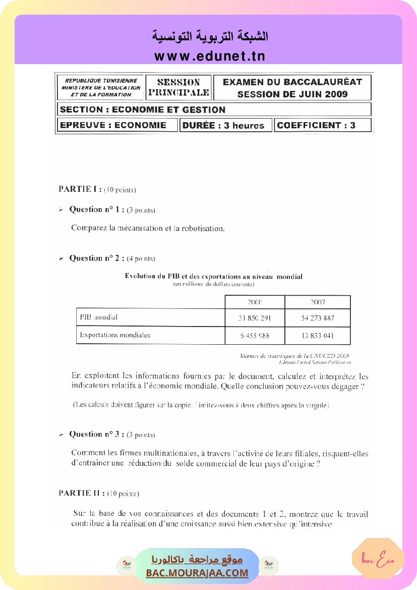 Sujet principale eco Bac 2009 – Section eco